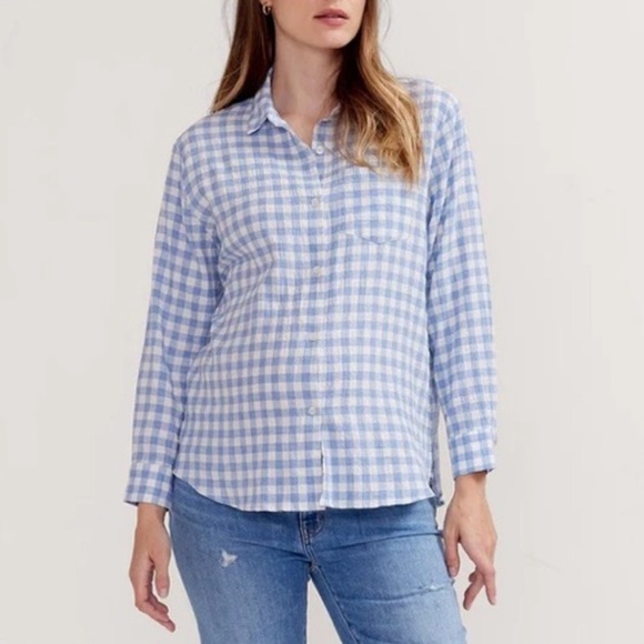 HATCH maternity blue white gingham boyfriend shirt 100% Cotton 3 L - Picture 5 of 8